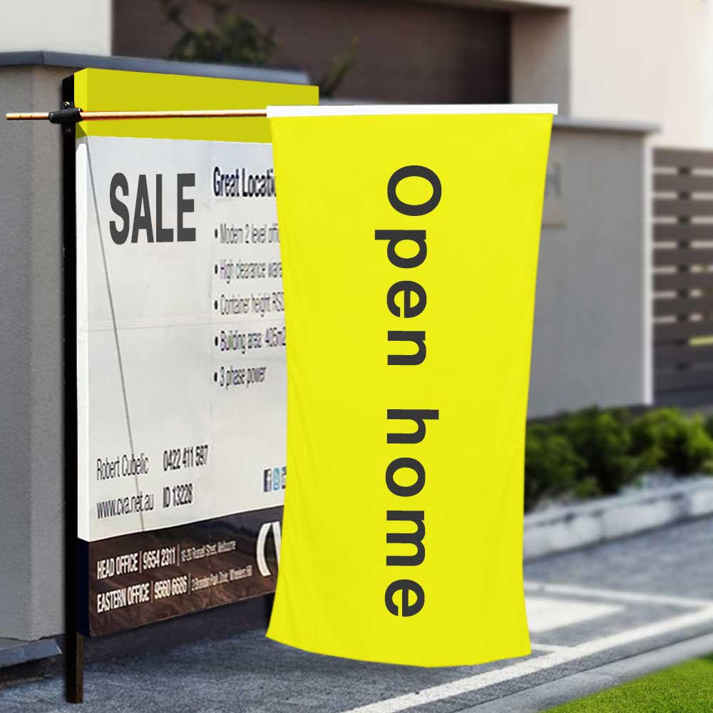 Real Estate Hanging Flags Promotional Flags Vivid Ads 1600mm x 750mm (Small) Single-Sided (90–95% Bleed-Through) Sleeve Pole Pocket (Use Ø20mm pole insert)