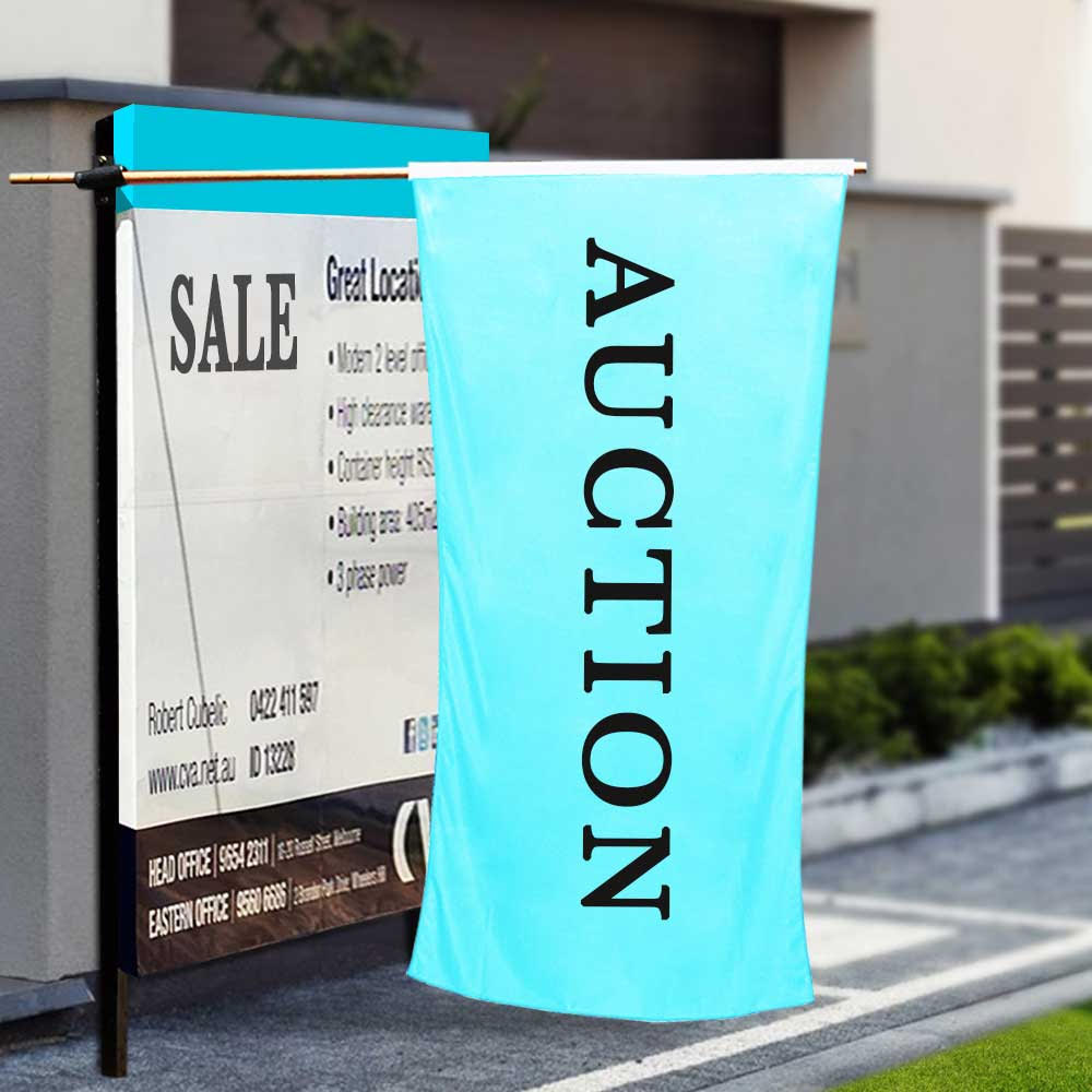Real Estate Hanging Flags Promotional Flags Vivid Ads 1800mm x 600mm (Medium) Single-Sided (90–95% Bleed-Through) Sleeve Pole Pocket (Use Ø20mm pole insert)