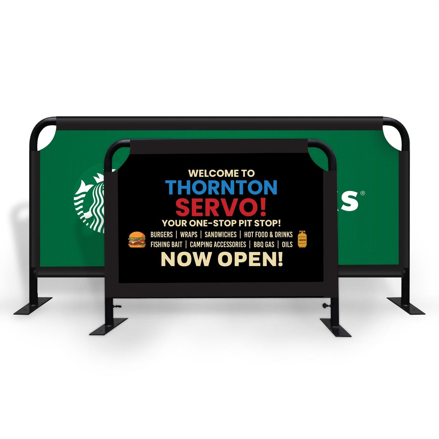 Sidewalk cafe barriers and hospitality signage printed by Vivid Ads