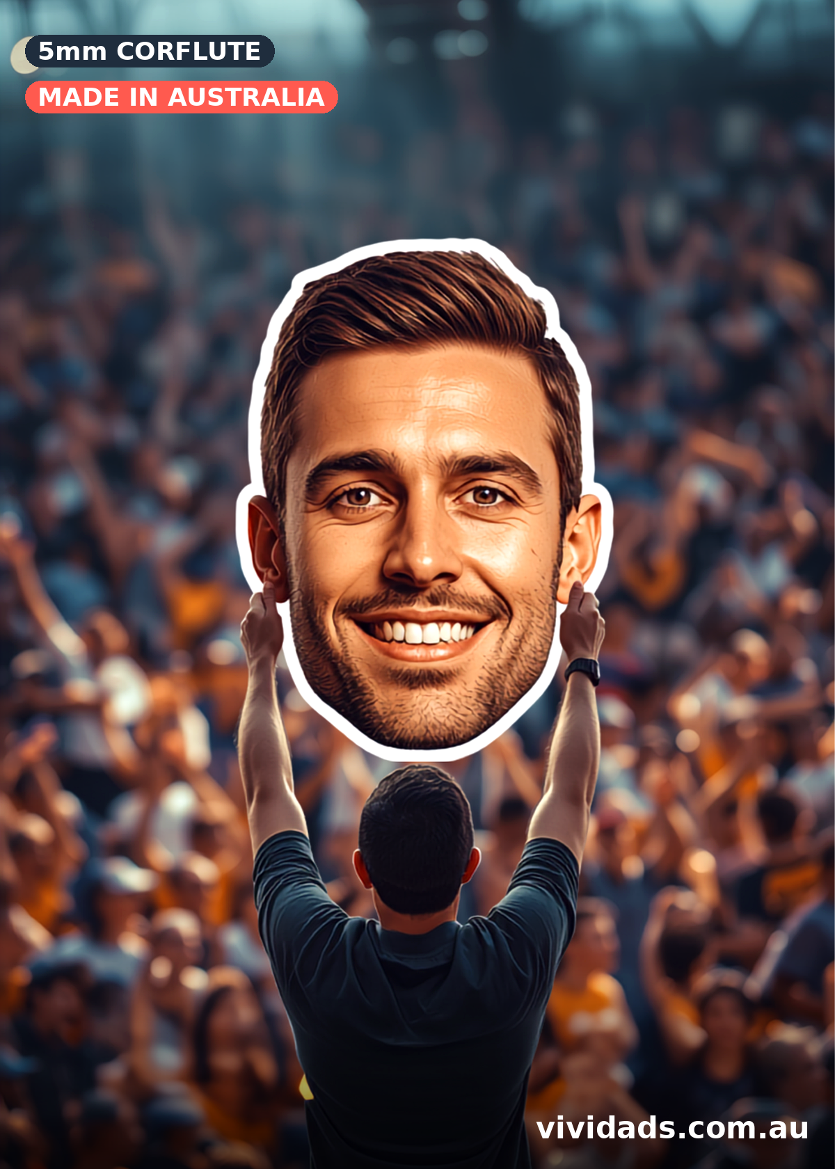 Custom big head cutout held above a cheering stadium crowd - 5mm corflute