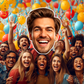 Custom big head cutout at a party with balloons and friends celebrating
