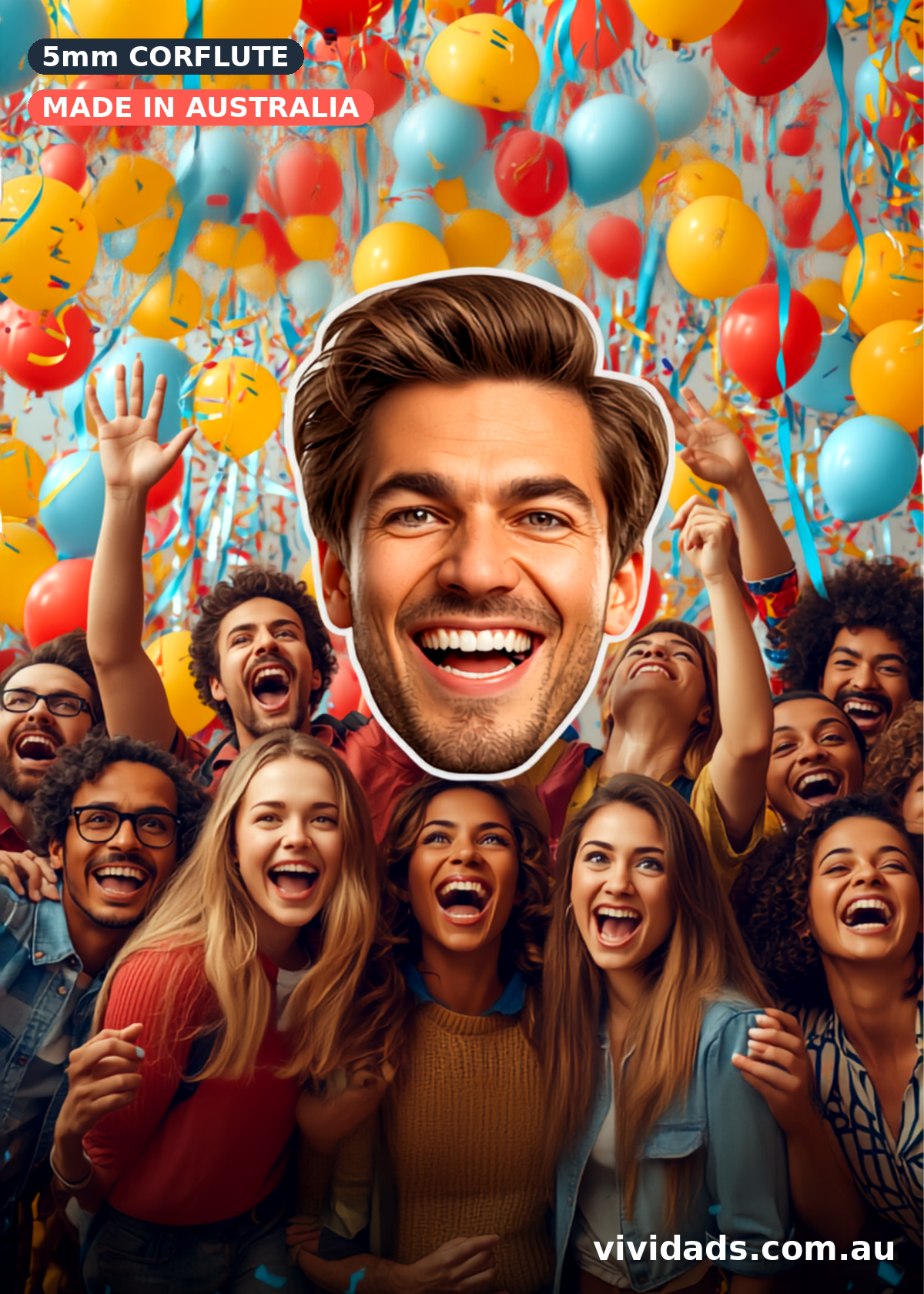 Custom big head cutout at a party with balloons and friends celebrating
