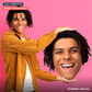 Person holding a custom big head face cutout on a pink background