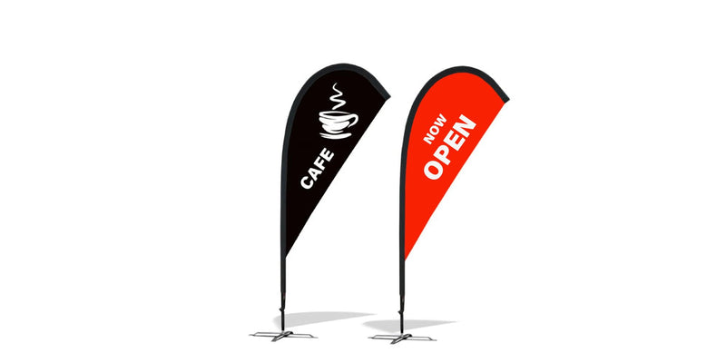 Two printed teardrop flags: black CAFE flag and red NOW OPEN flag