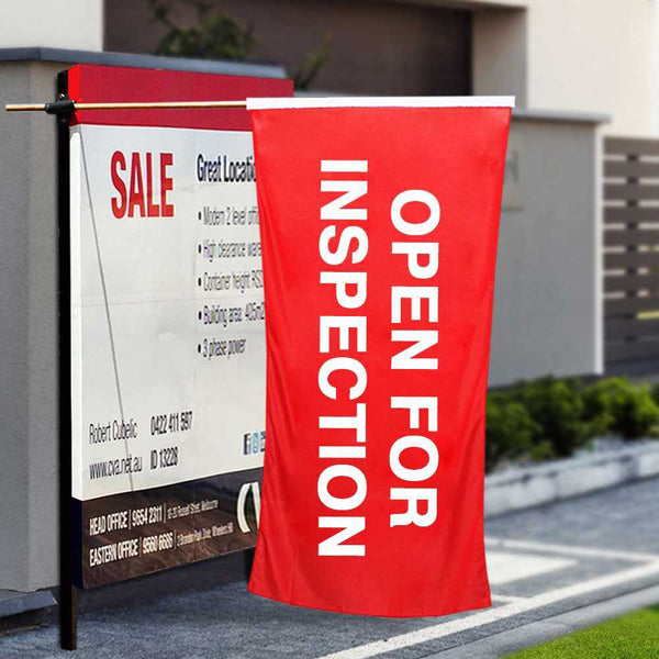 Real Estate Hanging Flags Promotional Flags Vivid Ads 1200mm x 500mm (X-Small) Single-Sided (90–95% Bleed-Through) Sleeve Pole Pocket (Use Ø20mm pole insert)